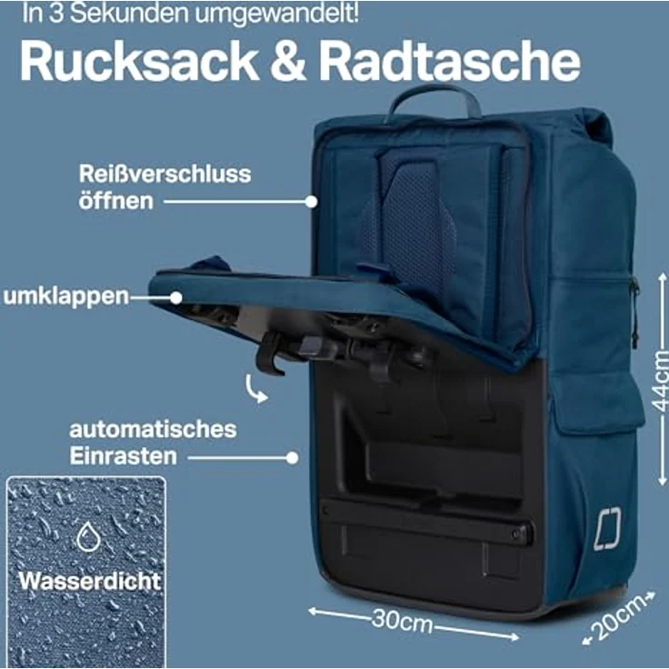 otinga Flip V3 Fahrradtasche Rucksack, 34L Volumen, wasserdicht, umbaubar in 3 Sekunden, mit Organizer und Flaschenfach – Bild 2