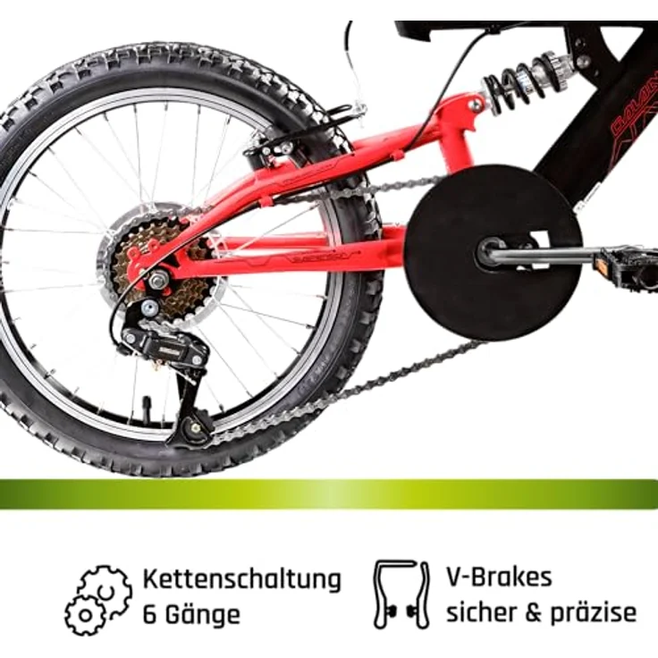 Galano FS180, 18 Zoll Kinderfahrrad Mountainbike mit Federgabel, 6-Gang Schaltung, V-Brakes, unisex, schwarz/rot – Bild 5