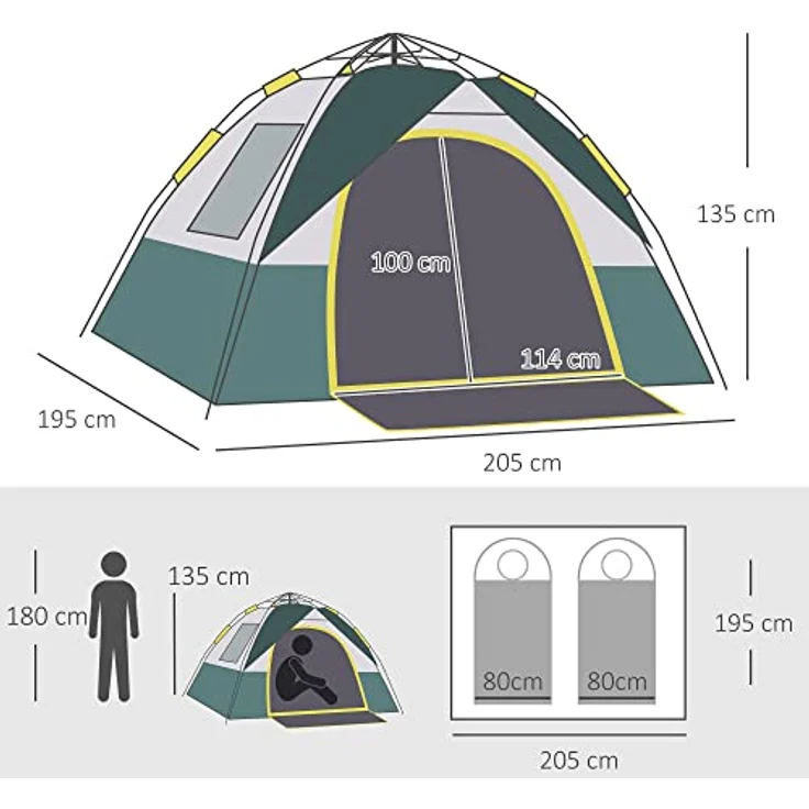 Outsunny Zelt für 3 Personen, Campingzelt mit Heringen, Kuppelzelt, Polyester, Grün, 205 x 195 x 135 cm – Bild 5