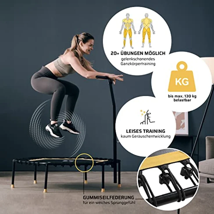 SportPlus Fitness Trampolin für zuhause, mit Haltestange (5-Fach höhenverstellbar), weiche Gummiseilfederung, sehr leise & bis 130 kg belastbar – Bild 4