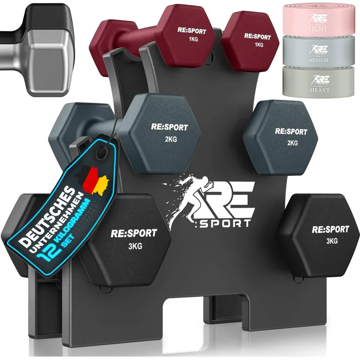RE:SPORT® Hantel-Set 12 kg mit 2×1 kg, 2×2 kg, 2×3 kg, rutschfeste Neopren-Kurzhanteln für Damen & Herren, inkl. Ständer und 3 Fitnessbänder