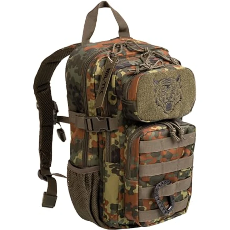 Mil-Tec US Assault Pack Kinderrucksack (14l) • Taktischer Rucksack mit 2 großen Fächern und 2 Fronttaschen • Verstellbare Schulter- und Brustgurte • Farbe: Flecktarn – Bild 1