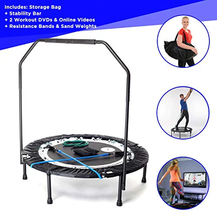 MaXimus PRO Faltbares Trampolin | Nr. 1 Indoor Minitrampolin mit Haltestange für Erwachsene| Bestes Fitnessstudio für zu Hause | KOSTENLOSER Aufbewahrungsbeutel, Spannbänder, ONLINE- & DVD- Workouts! – Bild 2