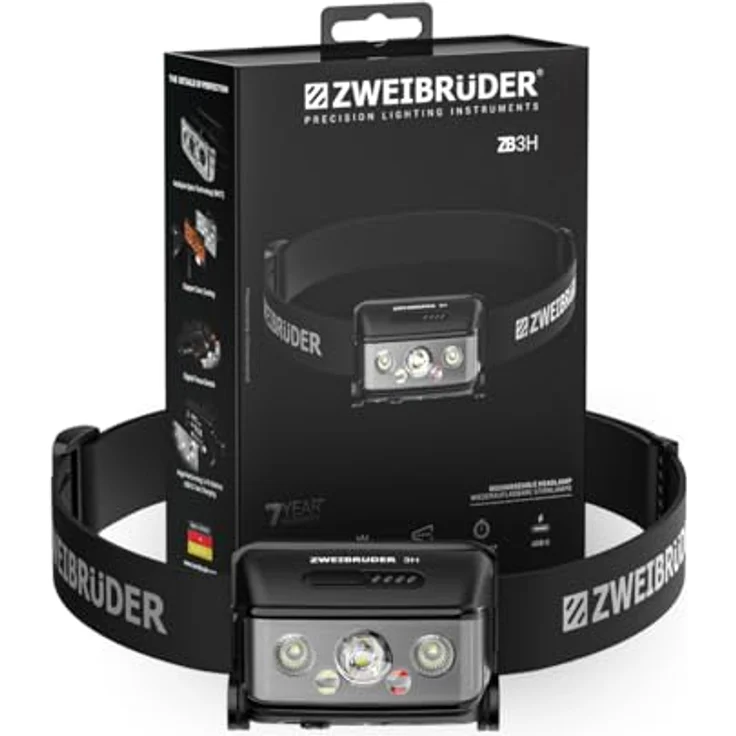 Zweibrüder LED Stirnlampe ZB3H, Focus-Function, aufladbar über USB-C, Aluminiumgehäuse, Rotlicht – Bild 1