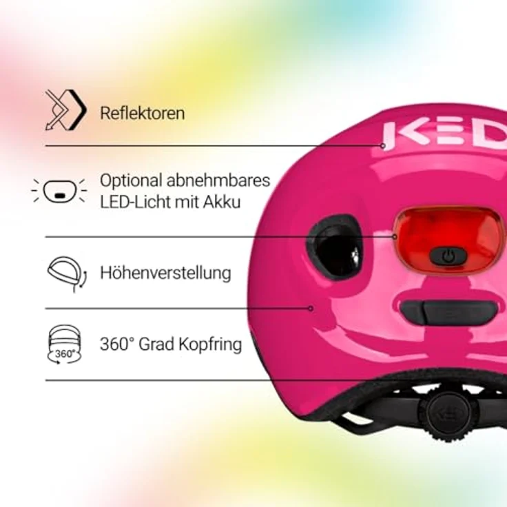 KED Meggy Spark Kinderfahrradhelm, Inmold-Technologie, 360° Verstellsystem, Reflektoren, Insektenschutznetz, Leicht, Verstellbar, Pink, Größe: 45-50 (S) – Bild 4