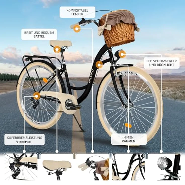 Milordbikes City-Fahrrad, Schwarz und Creme, 46 cm, Aluminiumfelgen, 700C x 35 mm City-Reifen, Freizeitrad mit hinterem Träger – Bild 2