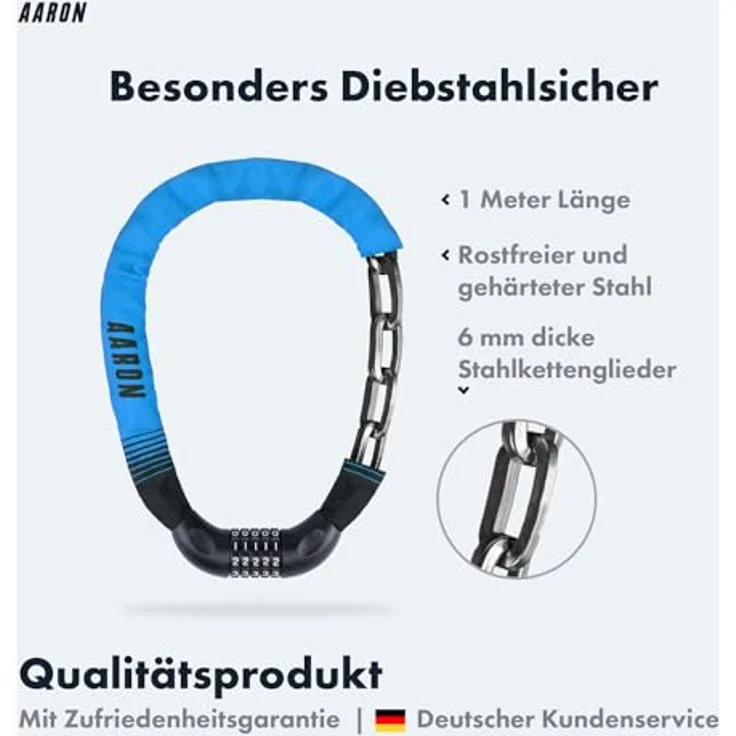 AARON Lock One Fahrradschloss, Kettenschloss mit 5-stelligem Zahlencode, 100 cm lang, gehärteter Stahl, hohe Sicherheitsstufe, blau – Bild 2