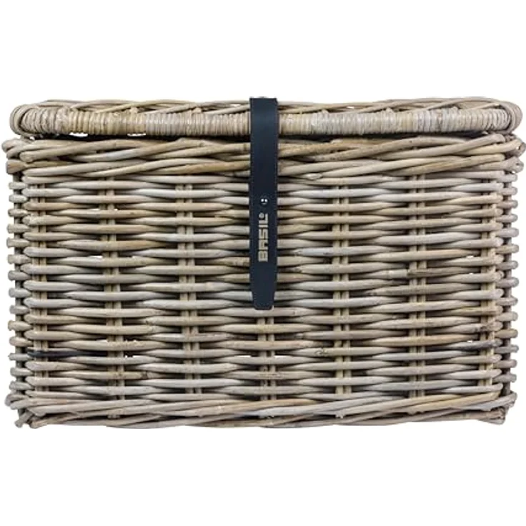 Basil DAX L Rattan Fahrradkorb, Rechteckiger Aufbewahrungskorb mit Deckel und Kunstledergriffen, Grau, Handgeflochten, 30 l Volumen – Bild 2