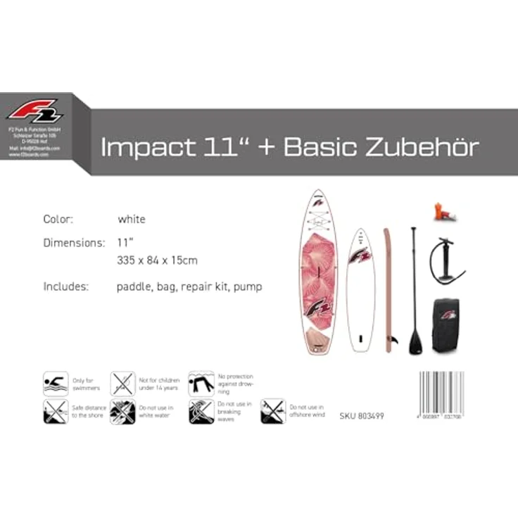 F2 Damen SUP Stand Up Paddle Board Impact 335cm 11,0, robuste Konstruktion, rutschfestes EVA-Deck, komplettes Zubehör-Set, Weiß 2025/26 – Bild 5