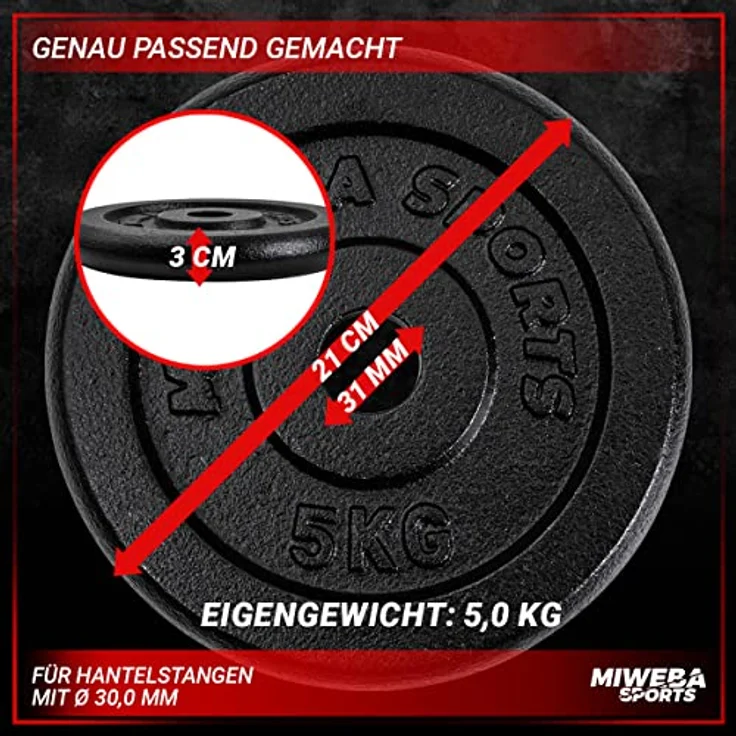Miweba Sports Hantelscheiben Set HSG75 | 𝐏𝐫𝐨𝐟𝐢 Hanteln - Hantelscheibe - Hantel Scheiben - Gusseisen Gewichte - Ø 30/31 mm - Hantelset - Gewichtsscheiben - Hantelgewicht - Plates (4X 5.0 Kg) – Bild 3