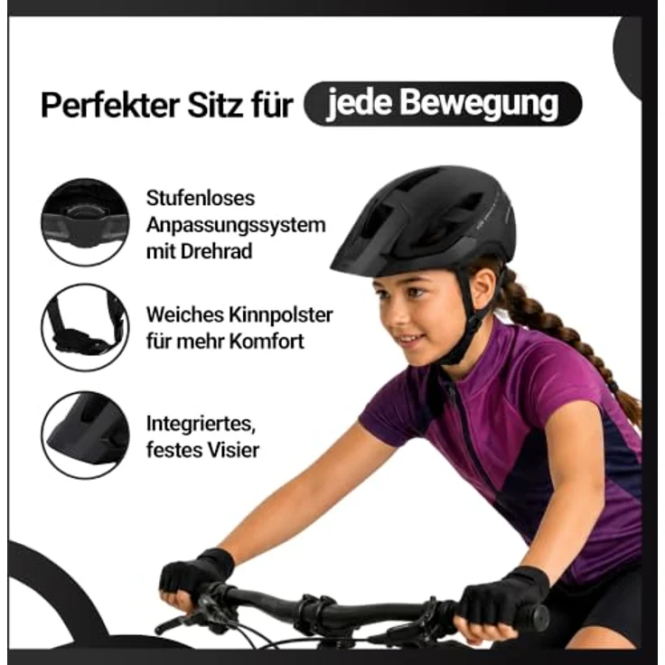 KED Embrace Jr Fahrradhelm – Jugendhelm mit integriertem Visier, Leichtbau, Farbe: Black Matt, Größe: 52-56 (SM) – Bild 3