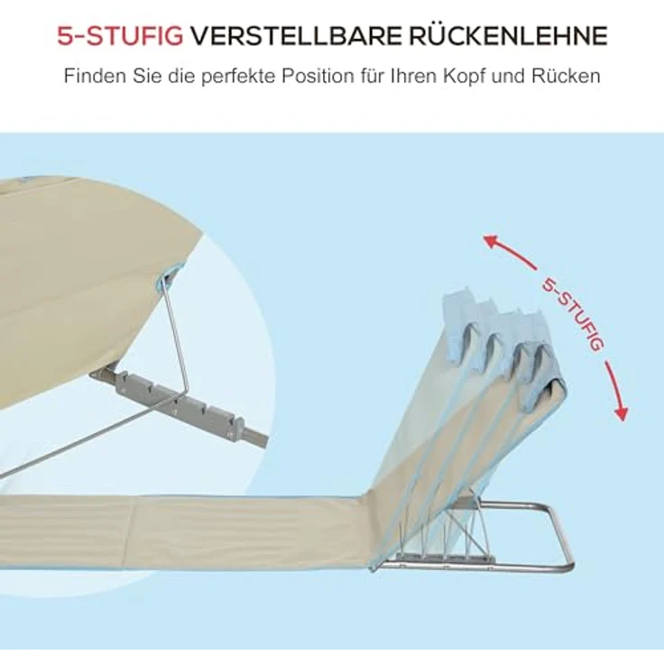 Outsunny Strandmatte 2er Set, Faltbare Strandliege mit Kopfkissen, 5-stufig höhenverstellbar, tragbar, Beige, 134 x 48 x 33-43 cm – Bild 4