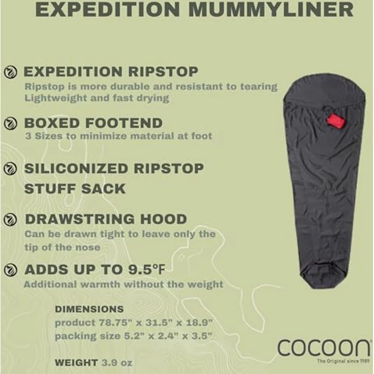 Cocoon Innen-Schlafsack, Mumienform aus schwarzer Ripstop-Seide, 200 cm, extrem leicht und wasserabweisend – Bild 3