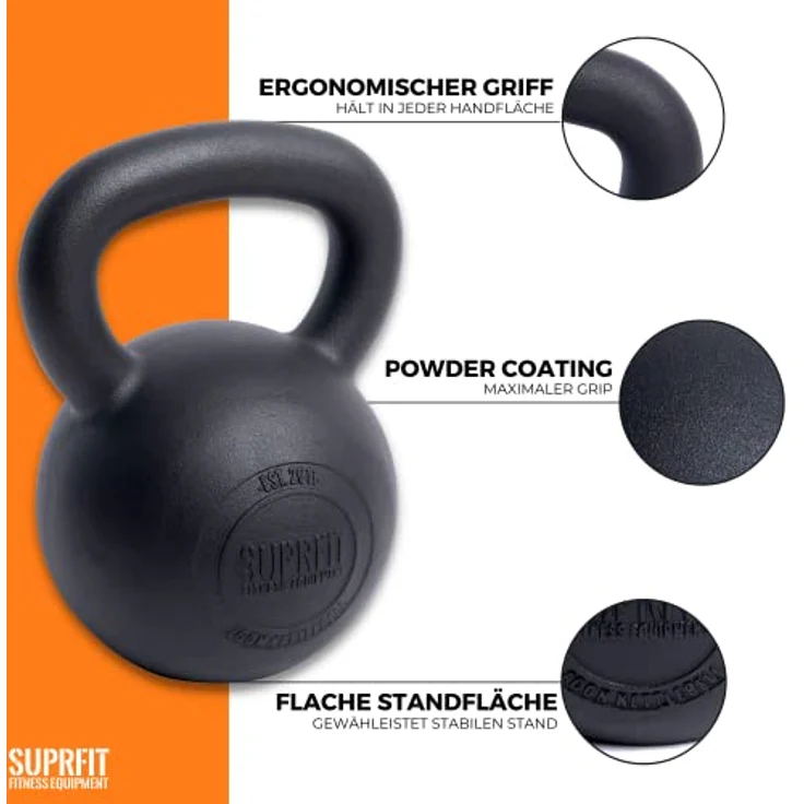 SUPRFIT - Econ Professional Kettlebell 16Kg - Pulverbeschichtete Kugelhantel aus massivem Gusseisen für Fitness, Crossfit & Krafttraining - Schwarze Kettlebells Hantel für Homegym und Fitnessstudios – Bild 2