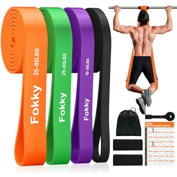 Fokky Widerstandsbänder Resistance Bands Set, 4 Stufen mit Türanker & Schutzpads, Gymnastikband für Muskelaufbau und Krafttraining, schwarz-lila-grün-orange – Bild 1
