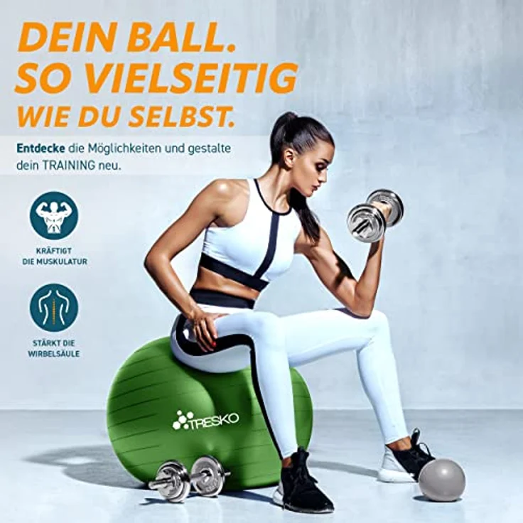 TRESKO Gymnastikball mit GRATIS Übungsposter inkl. Luftpumpe - Yogaball BPA-Frei | Sitzball Büro | Anti-Burst | 300 kg,Grün,55cm (für Körpergröße unter 155cm) – Bild 2