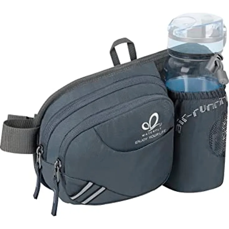WATERFLY Gürteltasche Bauchtasche mit Flaschenhalter, atmungsaktive Sport Hüfttasche für Laufen, Radfahren und Wandern, Dunkelgrau