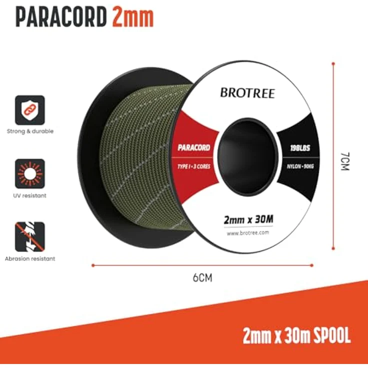 BROTREE Paracord 2mm 30M, 100% Nylon Seil mit 3 Kern Schnur für Outdoor, Bruchlast 90kg, reflektierende Armee Grün – Bild 2