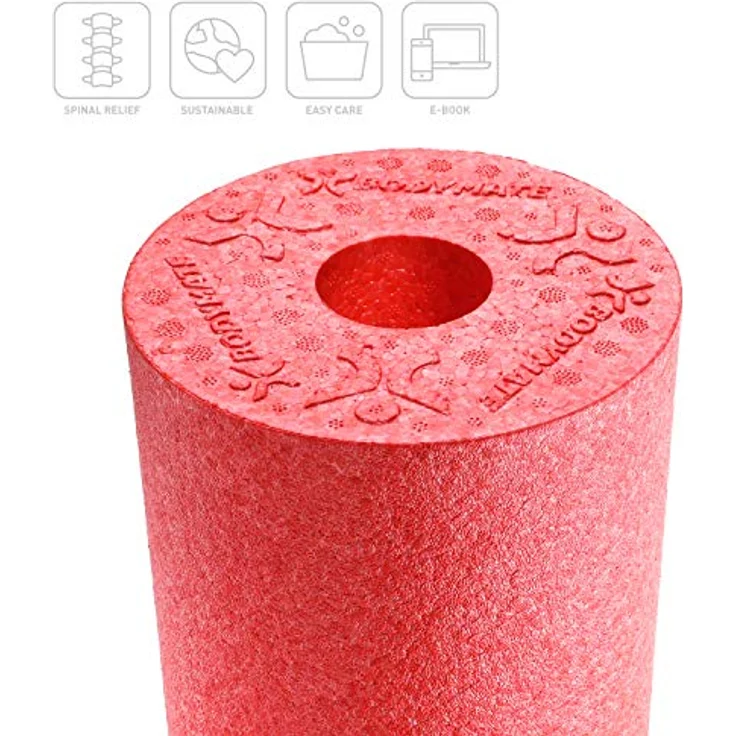BODYMATE Faszienrolle CARE Mittel-Hart mit umlaufender Rille zur Wirbelsäulen-Entlastung, E-Book inklusive, Pepper-Red, 35x14cm – Bild 2