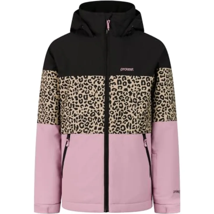 PROTEST Kids Snow Jacke Prtdeline Jr, wasserdicht und atmungsaktiv mit Animal-Print, true black, Größe 152