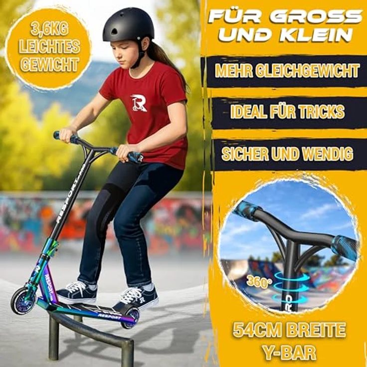 RE:SPORT REVO PRO Stunt Scooter für Kinder & Erwachsene, Profi Stuntroller mit 110mm PU-Rollen, Y-Bar, ABEC 9 Kugellagern, rutschfestem Pro-Deck und Ständer – Bild 6