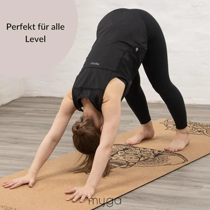Myga XL Kork Yogamatte, 200 cm x 70 cm, rutschfest, wärmeregulierend, leicht tragbar, 6 mm dick, Elefanten Design, Naturkork – Bild 3