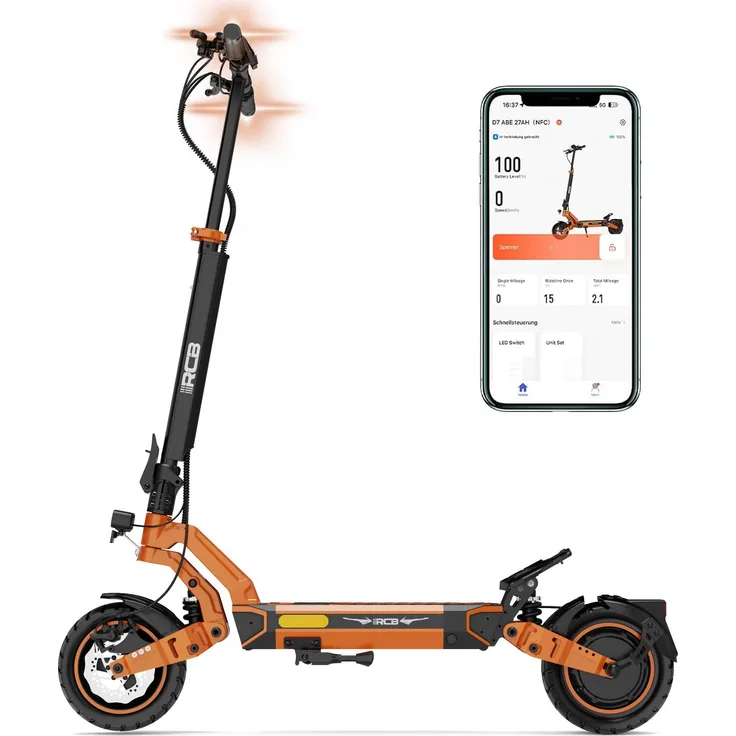 RCB D7 Ultra E-Scooter, 1600W Motor, 20,8 Ah Akku, bis 100 km Reichweite, mit Straßen­zulassung und NFC-Blinker