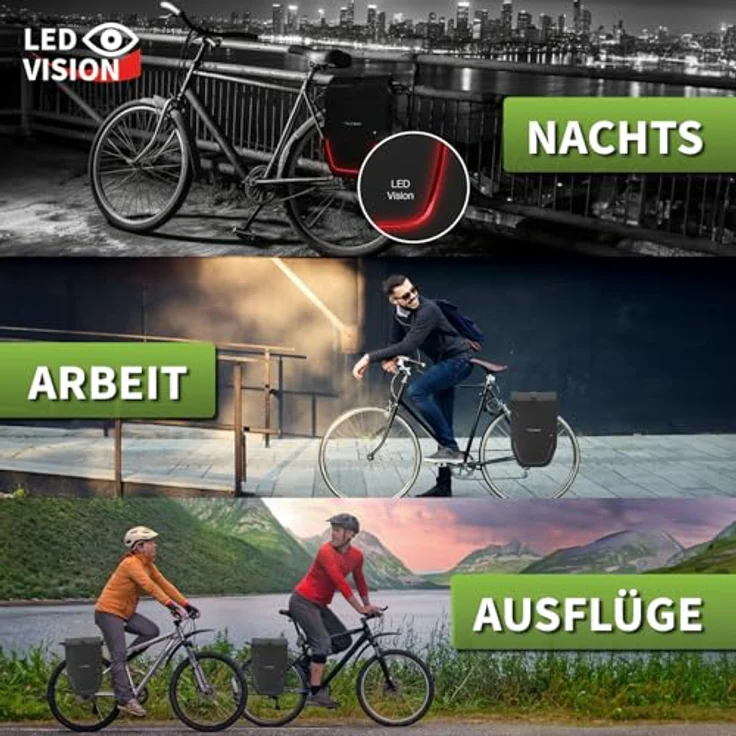 Eloneo Velotasche, Gepäckträgertasche mit 28 l Volumen, wasserdicht, integrierter LED-Streifen und Reflektoren für erhöhte Sichtbarkeit – Bild 2