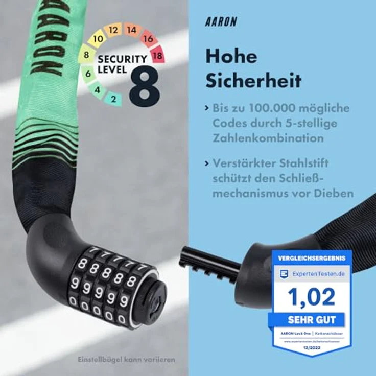 AARON Lock One Fahrradschloss, 5-stelliger Zahlencode, Kettenschloss aus gehärtetem Stahl, hohe Sicherheitsstufe, 100 cm lang, Mint – Bild 4