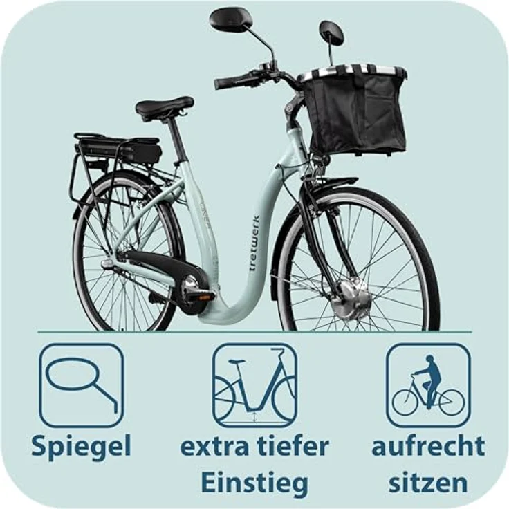 Tretwerk Linea E Bike, 28 Zoll Damen Pedelec mit 3 Gang Nabenschaltung, Elektro Fahrrad Citybike retro Tiefeinsteiger, hellblau, bis 95 km Reichweite – Bild 5