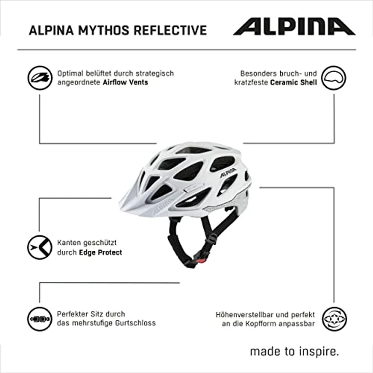 ALPINA MYTHOS REFLECTIVE - Reflektierender, Optimal Sichtbarer & Sicherer Fahrradhelm Mit Fliegennetz Für Erwachsene, white reflective, 52-57 cm – Bild 7