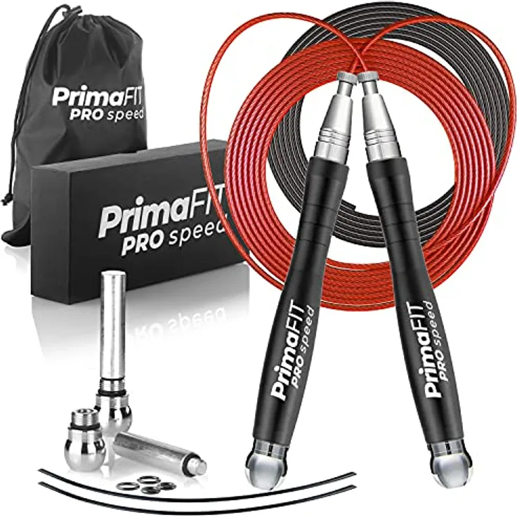 PrimaFIT Pro Speed Jump Rope, 3m verstellbares Springseil für Erwachsene mit Gewichten, 2 Kugellager, Anti-Rutsch Griffe, ideal für Boxen, MMA und Crossfit, inklusive Tragetasche