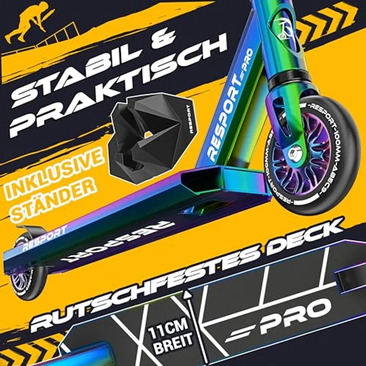 RE:SPORT REVO PRO Stunt Scooter für Kinder & Erwachsene, Profi Stuntroller mit 110mm PU-Rollen, Y-Bar, ABEC 9 Kugellagern, rutschfestem Pro-Deck und Ständer – Bild 3