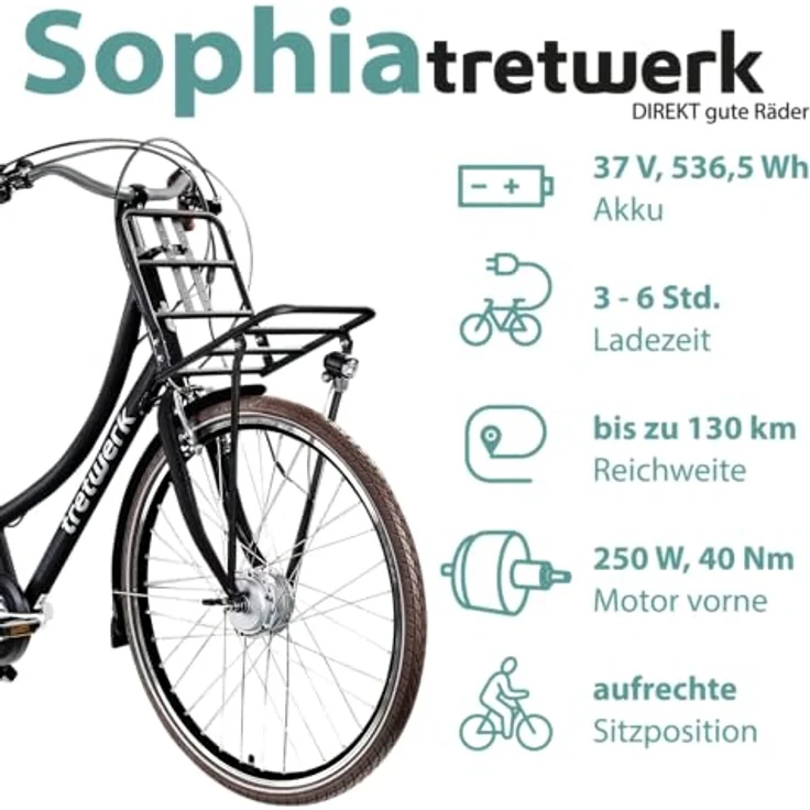 Tretwerk Sophia E-Bike, 28 Zoll Pedelec mit 3 Gang Shimano, 522 Wh Akku, Bluetooth und App, schwarz/weiß – Bild 3
