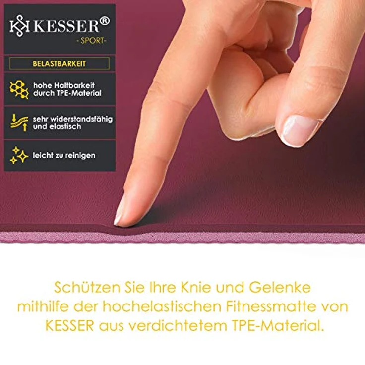 KESSER® Gymnastikmatte mit Tragegurt rutschfest TPE Yogamatte Gepolstert & rutschfest Fitnessmatte, 183 x 61 Trainingsmatte für Fitness Sportmatte, Pilates & Gymnastik Workout extradick (Bordeaux) – Bild 3