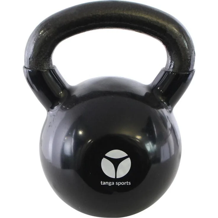 Tanga Sports Kettlebell, 12 kg aus Gusseisen mit schwarzer Vinylbeschichtung für Indoor-Krafttraining