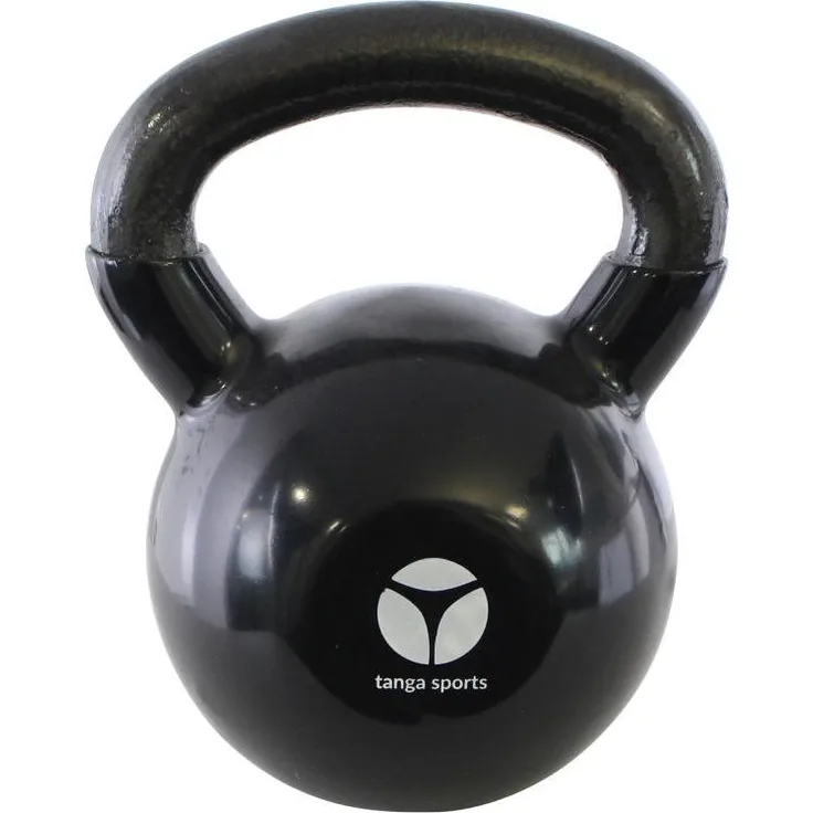 Tanga Sports Kettlebell, 12 kg aus Gusseisen mit schwarzer Vinylbeschichtung für Indoor-Krafttraining