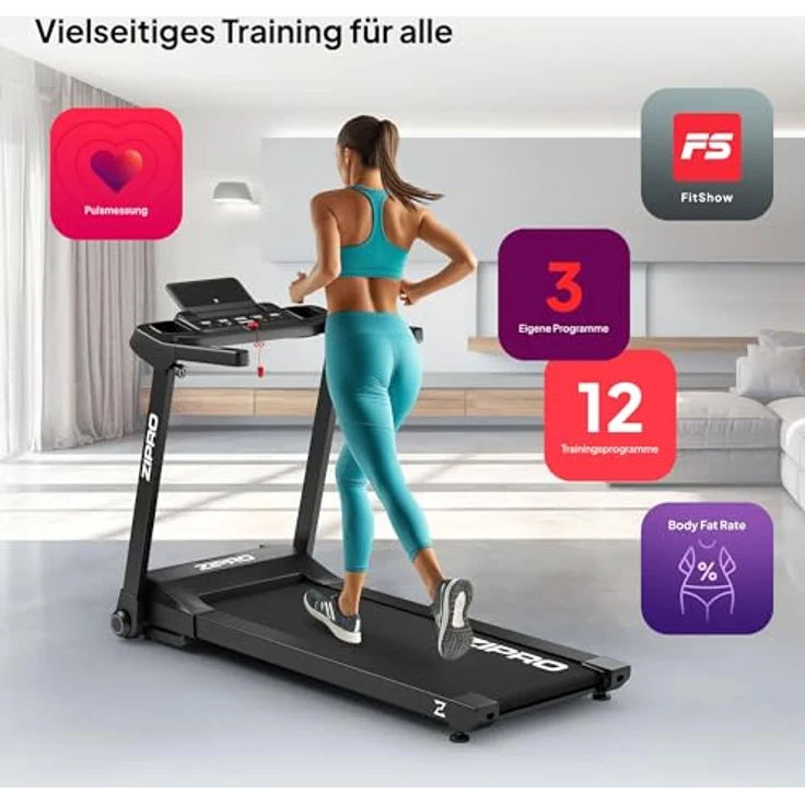 ZIPRO Ramble Laufband Klappbar, 1,98 PS Motor, 1-16 km/h, 12 Steigungsstufen, LED-Display, App-kompatibel, Dämpfungssystem für Zuhause – Bild 3