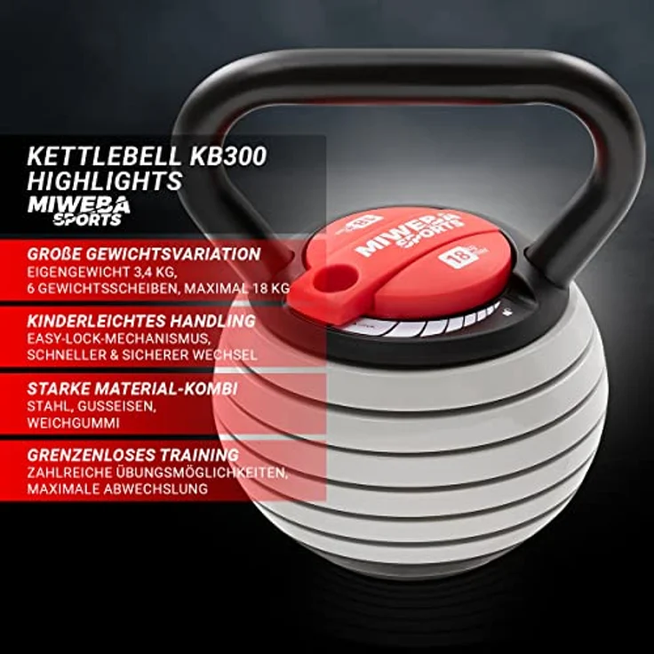 Miweba Sports Kettlebell verstellbar KB-300 | 3,5-18 kg Gewichte - Kugelhantel - Einstellbares Kugelgewicht - Schwunghantel - Kettlebells - Hanteln - Hantel für Indoor & Outdoor (Hellgrau) – Bild 2