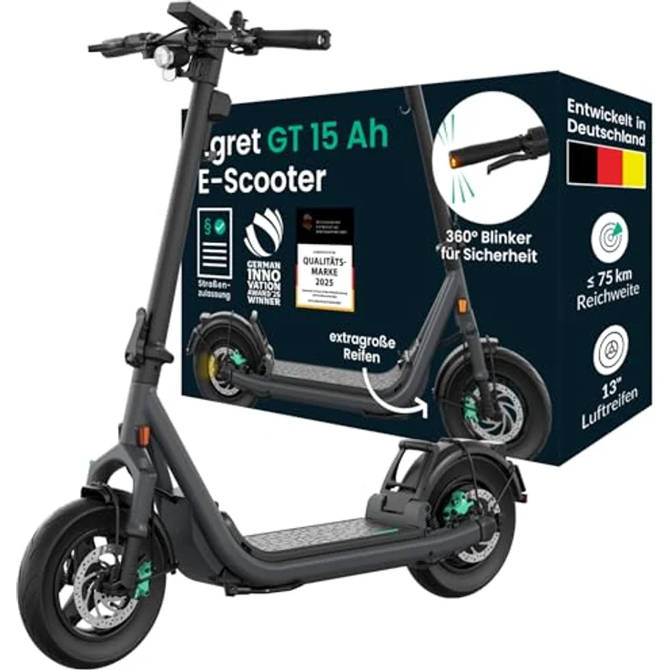 EGRET Egret GT E-Scooter, 75 km Reichweite, 20 km/h, 13" Luftreifen, 15 Ah Wechselakku, einstellbare Federung, hydraulische Bremsen, NFC & Apple Find My, bis 150 kg Traglast – Bild 1
