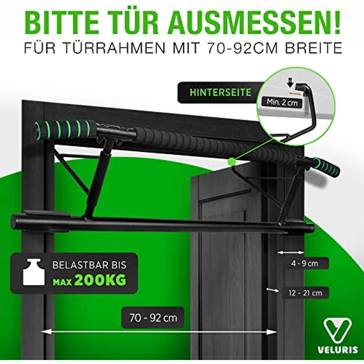 Veluris Klimmzugstange Türrahmen - Stark belastbare Pull up bar [bis 200 KG]- Türreck ohne Aufbau - 20 cm höher im Rahmen - Auch für Dips&Push Ups (abgerundet) – Bild 2