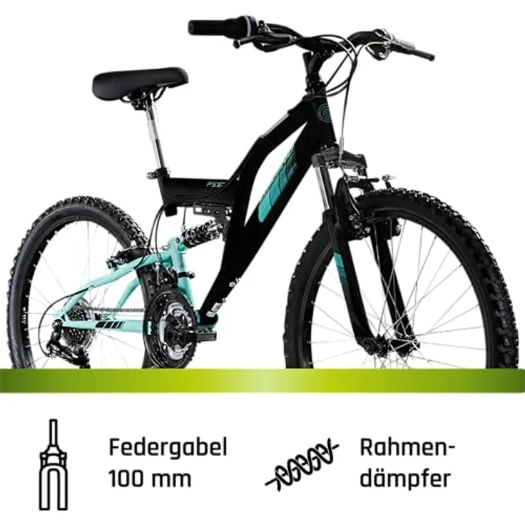 Galano Mountainbike FS240, 18 Gang Shimano Tourney, vollgefedert, 24 Zoll, schwarz/türkis, geeignet für Kinder 130-145 cm – Bild 4