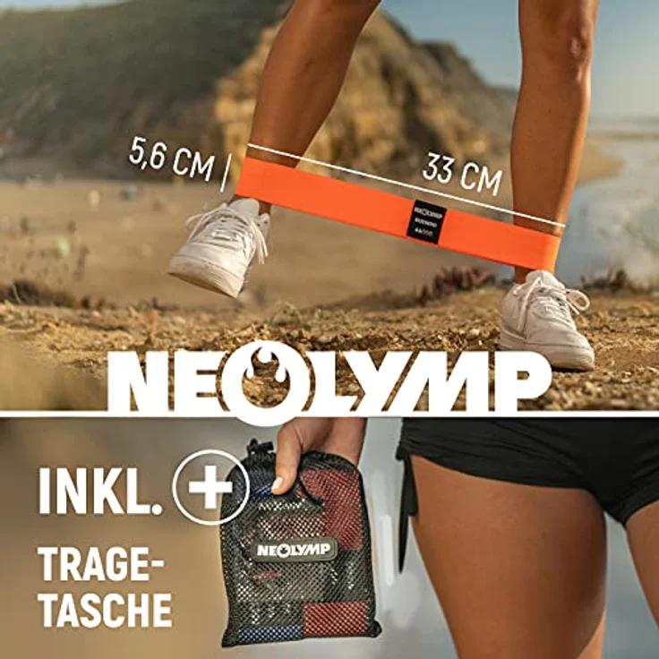 NEOLYMP Kurze Fitnessbänder Stoff, 5er Set mit waschbaren Resistance Bands in rot, orange, grün, blau und schwarz, inkl. Fitness Trainingsprogramm E-Book – Bild 4