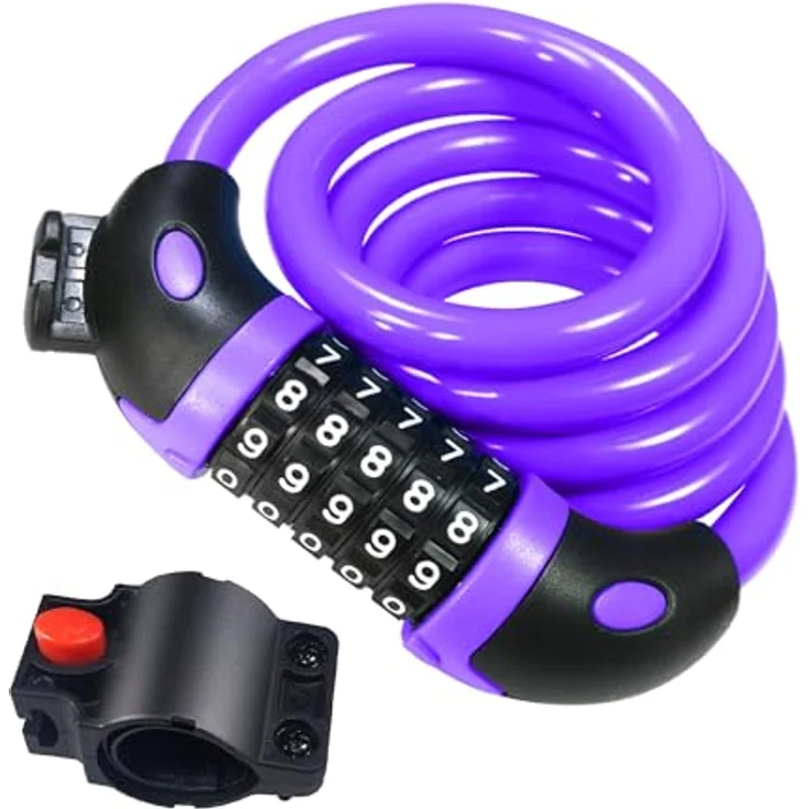 REHKITTZ Fahrradschloss 120cm/12mm Kabelschloss, sehr hohe Sicherheitsstufe mit 5-stelligem Zahlencode und Befestigungsbügel, violett – Bild 1