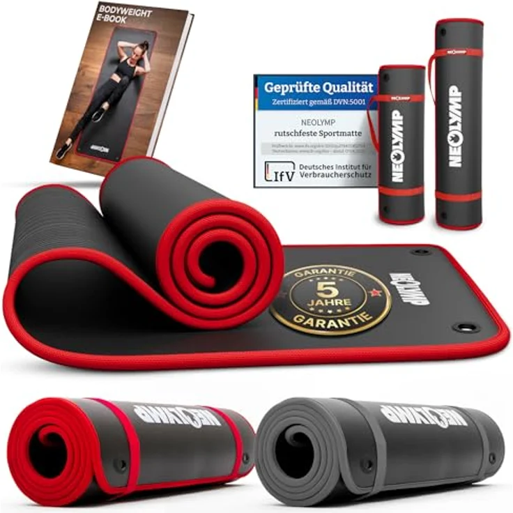 NEOLYMP Fitnessmatte extra dick, rutschfest mit Aufhänge-Ösen, Tragegurt & E-Book – Yogamatte und Pilates Matte (Schwarz-Rot, 183 × 80 cm) – Bild 1