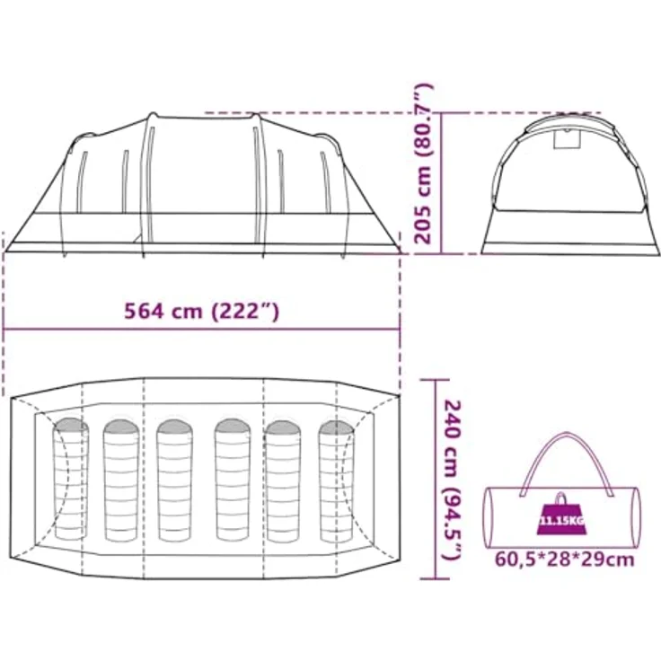 vidaXL Tunnel-Familienzelt 6 Personen Camouflage, wasserdichtes Campingzelt mit 2 Schlafkabinen und E-Anschluss – Bild 3