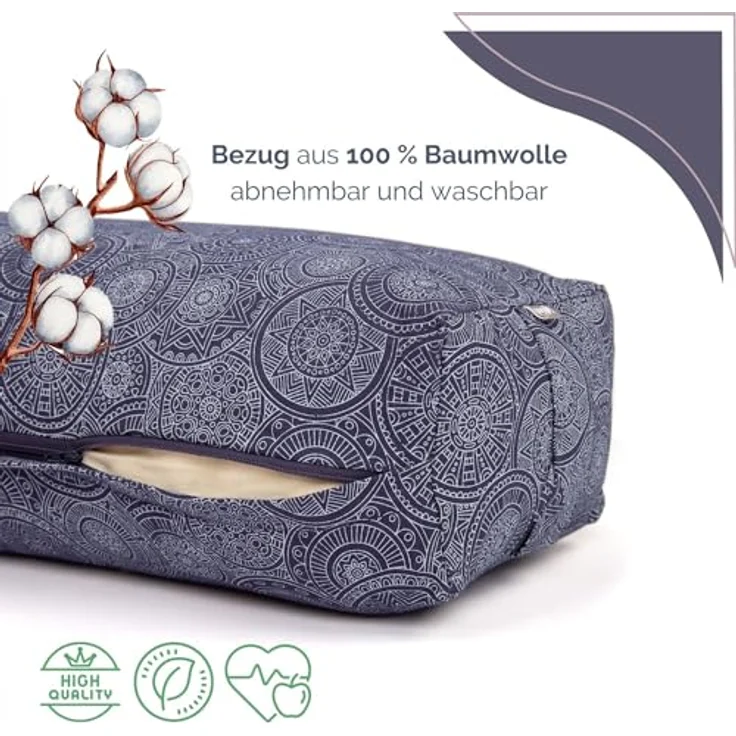 Bodhi Yoga Bolster SALAMBA Mandala | Maharaja Collection | Rechteckig | Waschbarer Bezug aus Baumwolle | Yogarolle mit Dinkelfüllung | Yoga Zubehör für Restorative Yoga und Yin Yoga | Dunkelblau – Bild 3