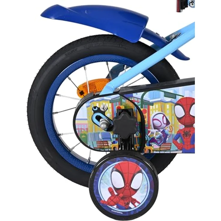 Volare Spidey Kinderfahrrad, 12 Zoll, Blau, abnehmbare Seitenräder, höhenverstellbarer Sattel und Lenker, Rücktritt- und Handbremse, geschlossener Kettenkasten – Bild 3