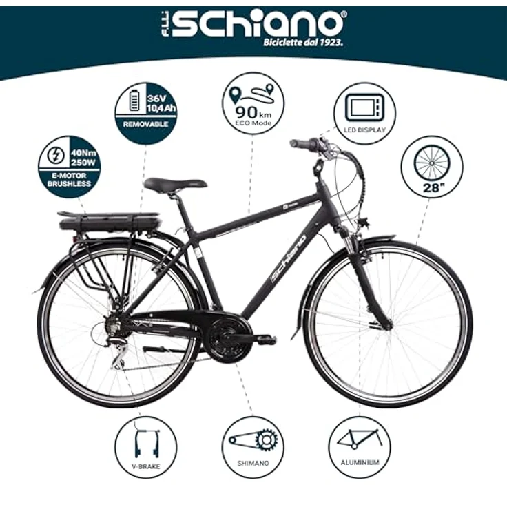 F.lli Schiano E-Ride, E-Bike Trekking 28 Zoll, 250W Motor, 36V 10.4Ah abnehmbarer Akku, Herren, Schwarz – Bild 2