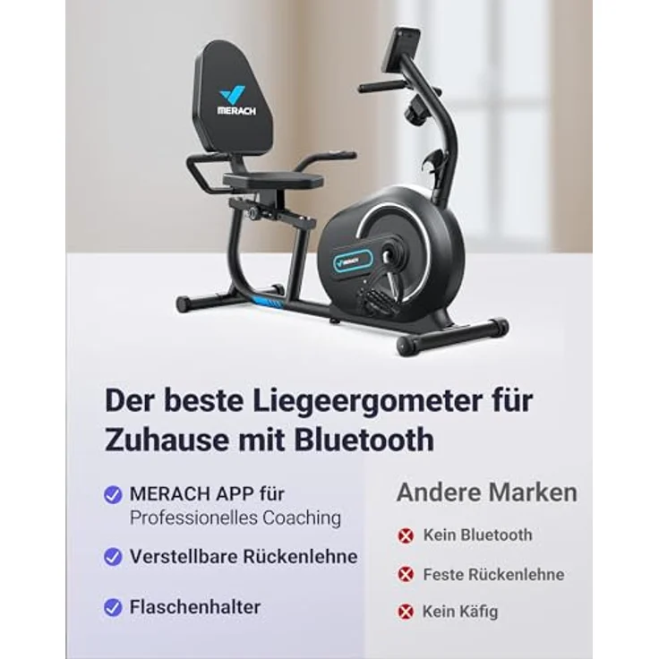 MERACH Liegeergometer S08 für Zuhause mit 8 verstellbaren Widerstandsstufen, Smart Bluetooth, LCD-Display und Herzfrequenzsensoren, schwarz – Bild 2